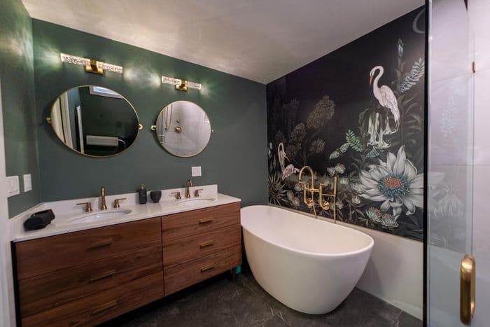 Completed Tubro Construction bathroom remodel with a freestanding tub and feature wall